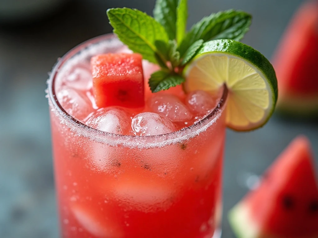 Watermelon mojito garnished with mint lime and watermelon