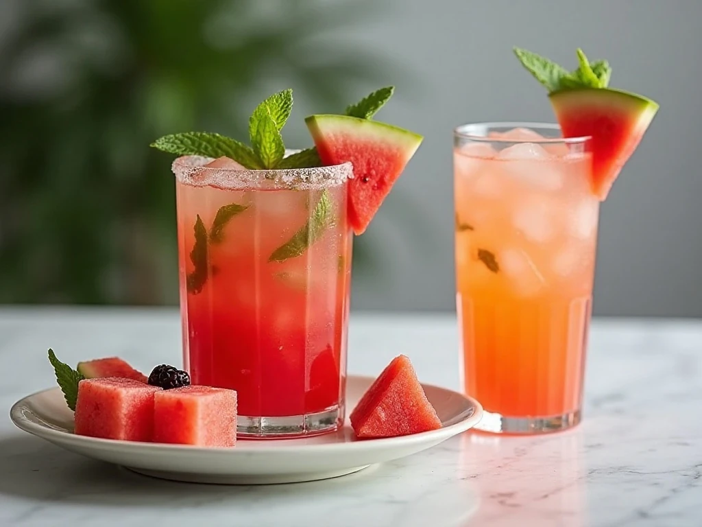 Watermelon mojito and nonalcoholic variation served with dessert