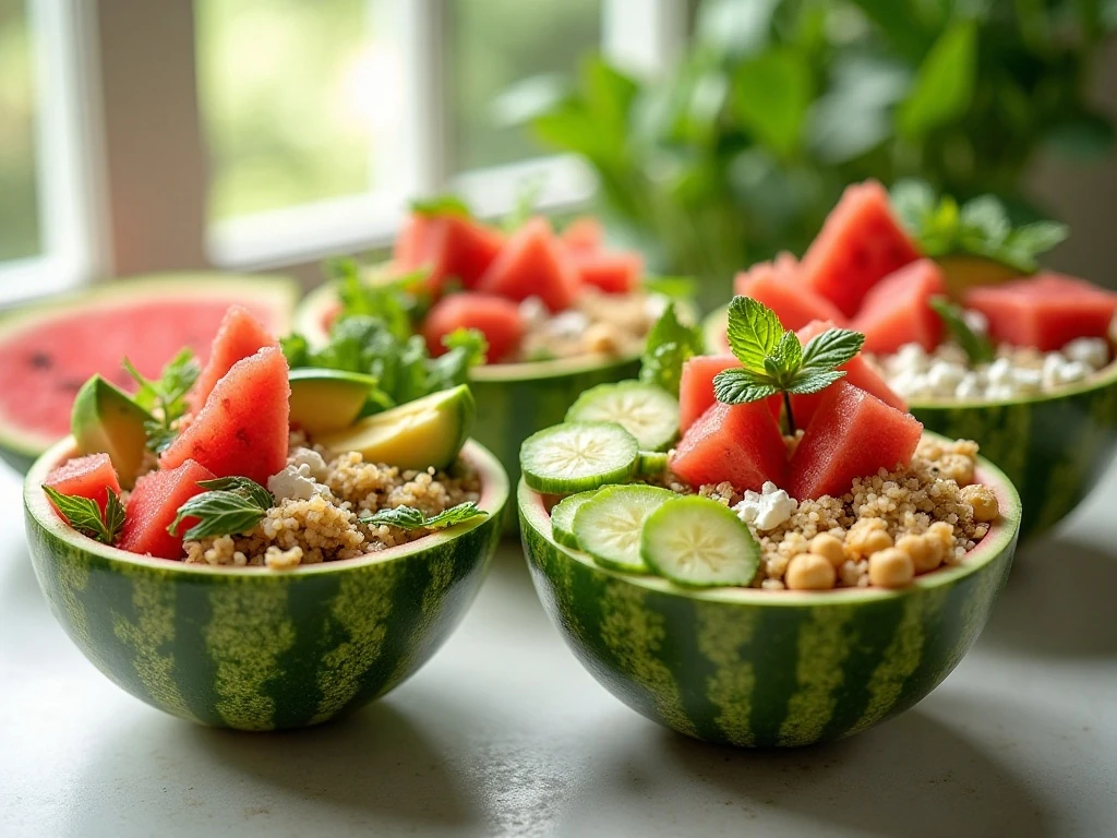 Colorful watermelon power bowls with quinoa, chickpeas, vegetables, feta, and mint