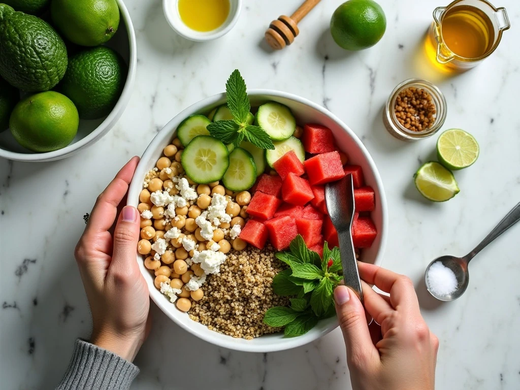 Ingredients for watermelon power bowls and lime dressing