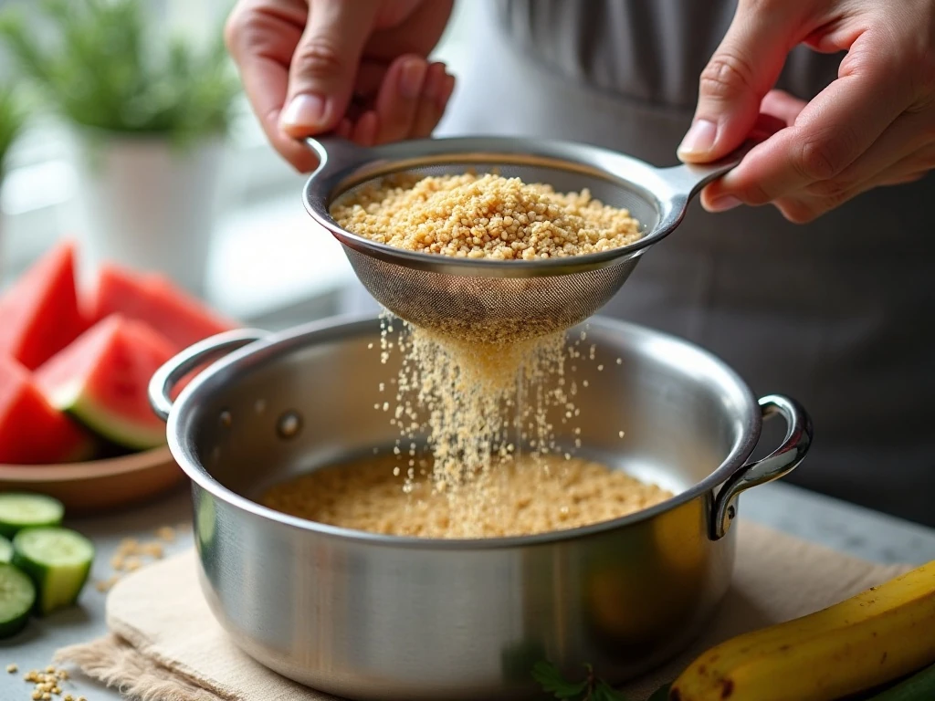 Preparing quinoa and fresh ingredients for watermelon power bowls