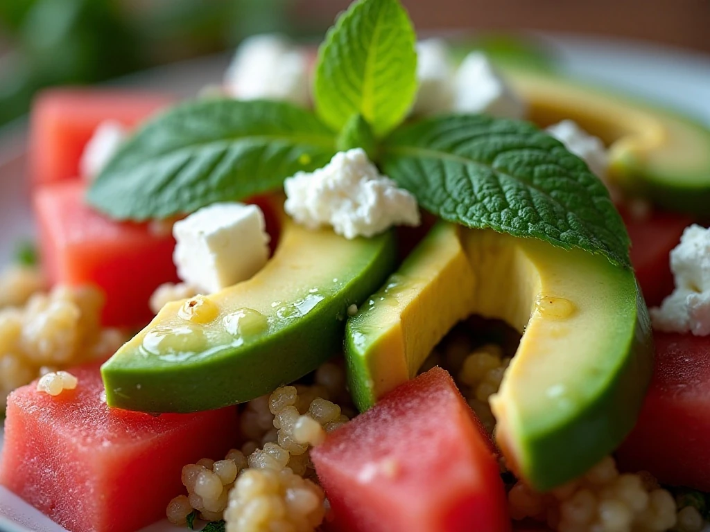 Mint, feta, avocado, and lime dressing finishing a watermelon power bowl