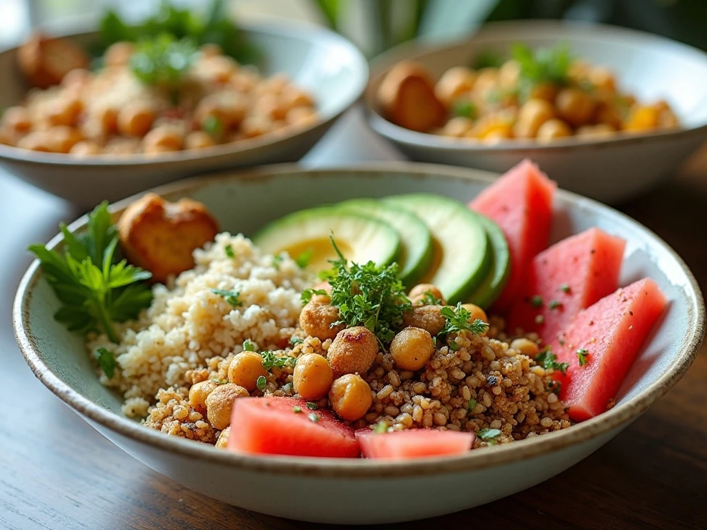 Watermelon power bowl variations with grains, seeds, and grilled halloumi