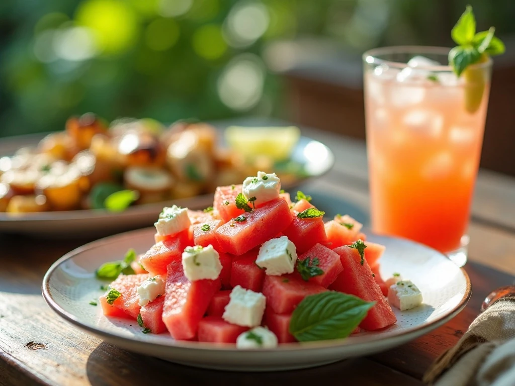 Watermelon feta salad served as a colorful summer side dish