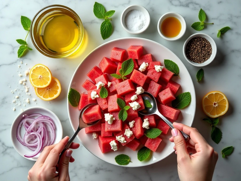 Ingredients for watermelon salad with feta and mint