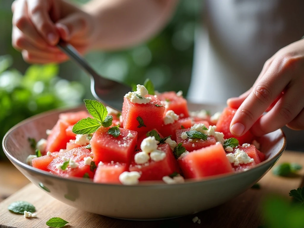Gently tossing watermelon salad ingredients in a serving bowl
