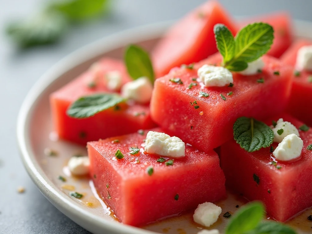 Close-up of crisp watermelon, feta, onion, and mint salad