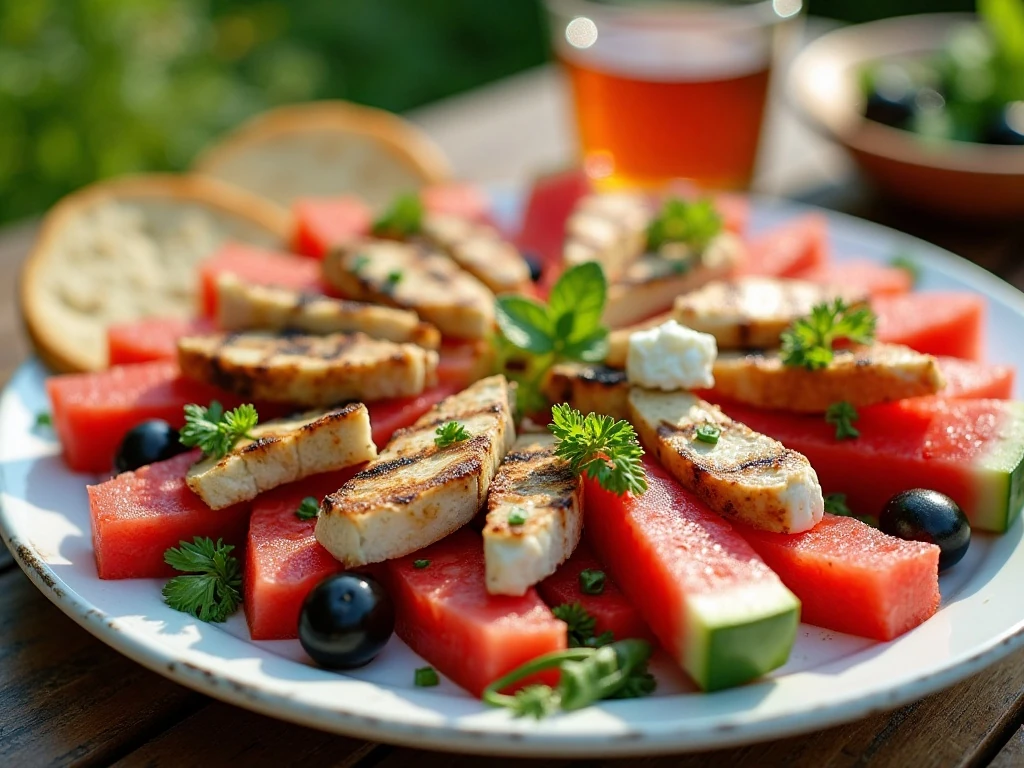 Watermelon salad served with grilled food and summer sides