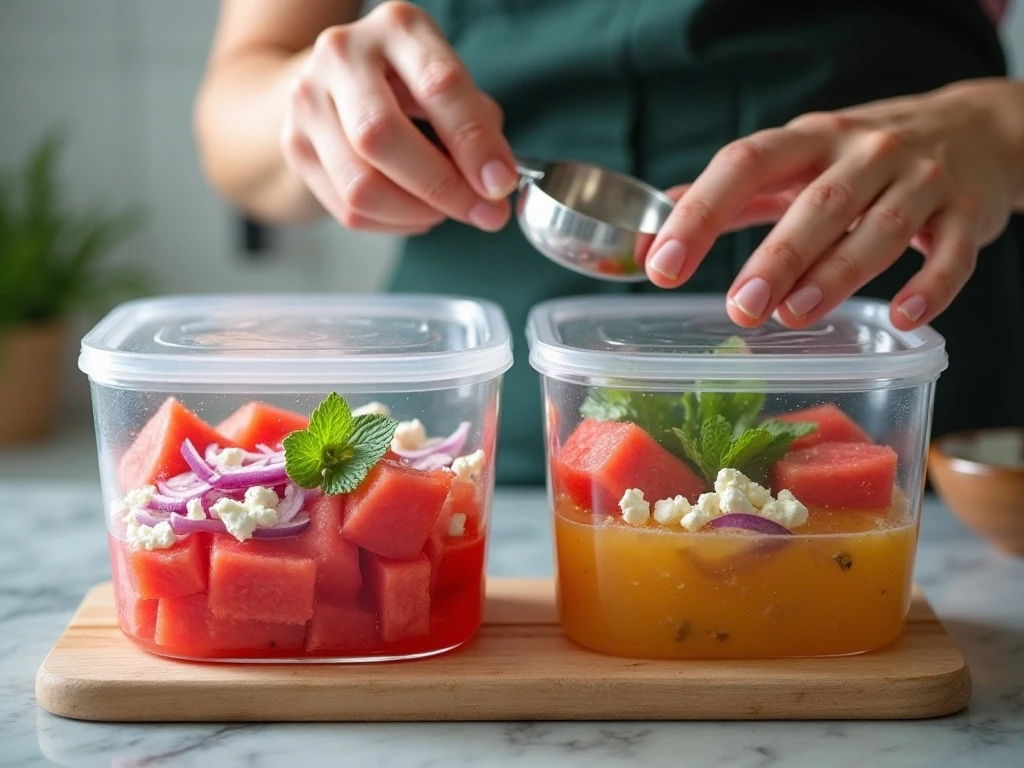 Watermelon salad components stored separately before serving