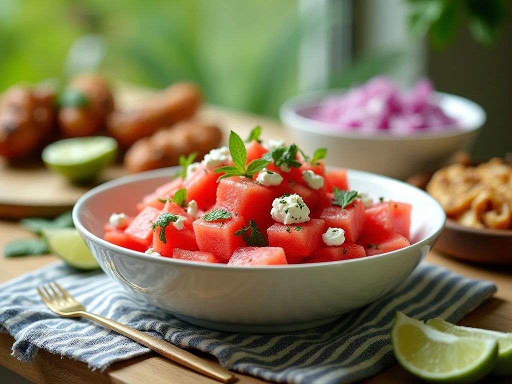 Watermelon salad with feta and mint served as a refreshing summer side dish