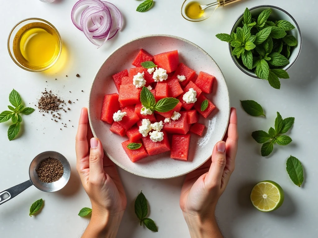 Ingredients for refreshing watermelon salad with feta and mint