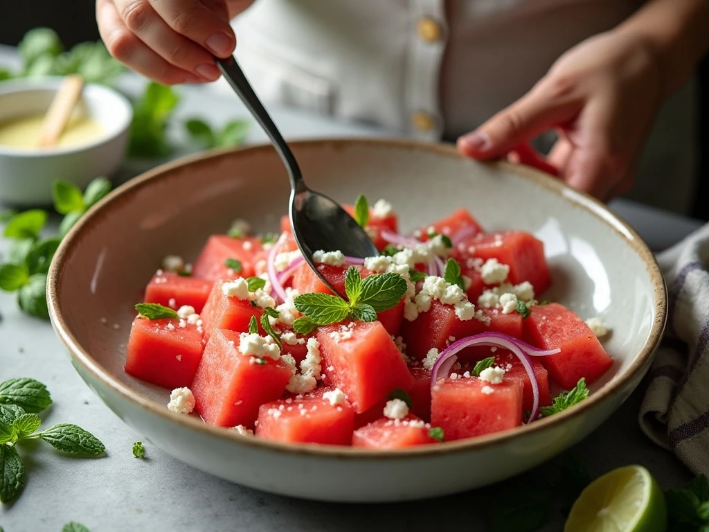 Gently mixing watermelon, feta, mint, and red onion for the salad
