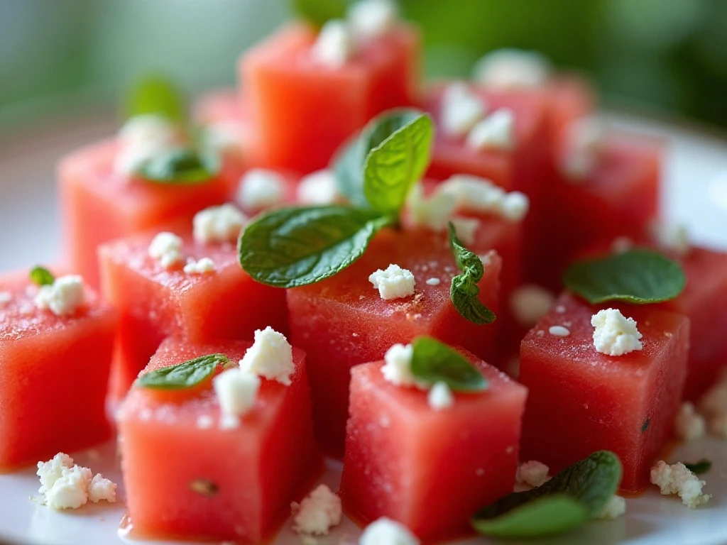 Close-up of watermelon salad texture with feta and fresh mint