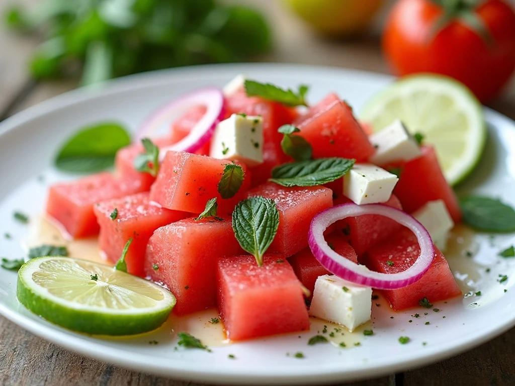 Colorful watermelon feta salad platter with mint and lime