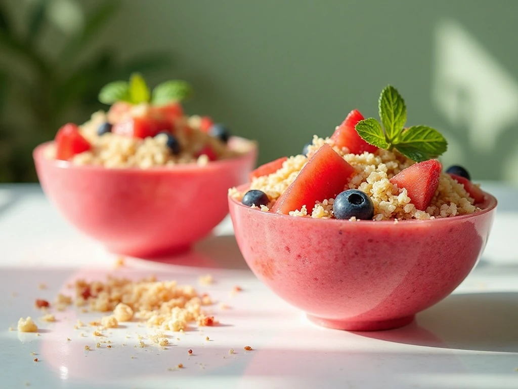 Two refreshing watermelon smoothie bowls topped with berries, granola, coconut, seeds, mint, and lime zest