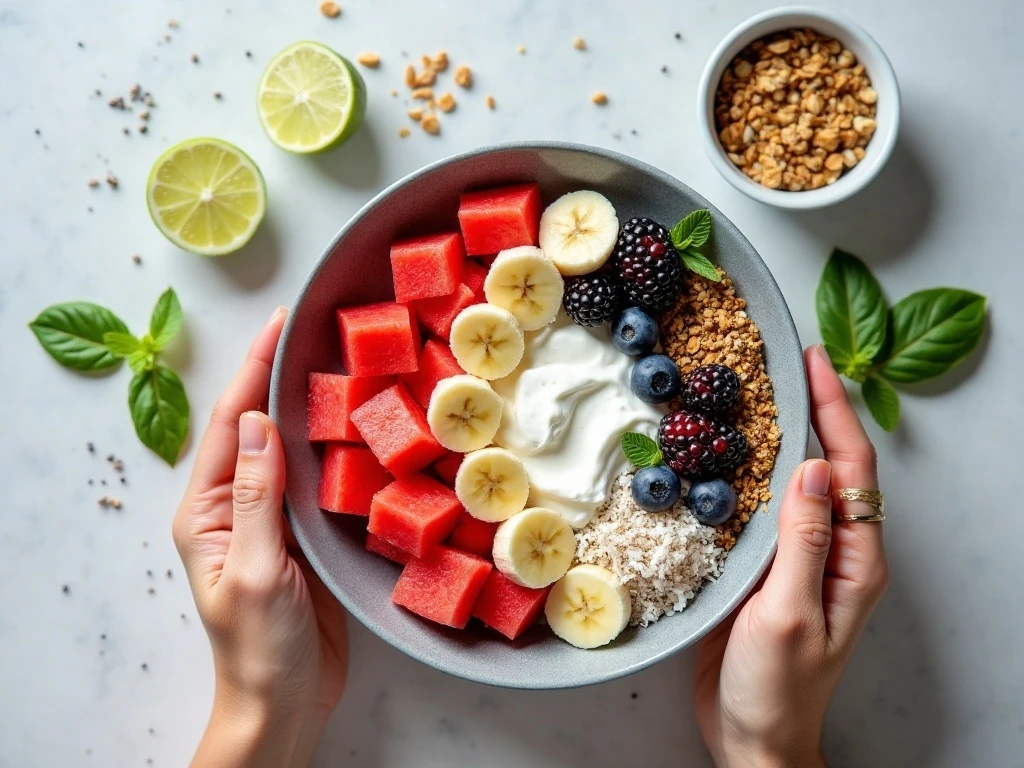 Ingredients for watermelon smoothie bowls arranged in a bright flat-lay
