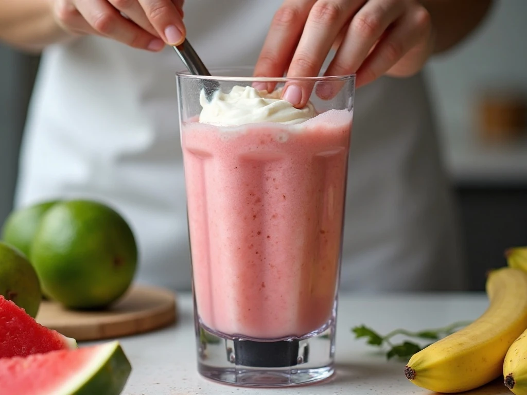 Frozen watermelon, banana, yogurt, and lime blending into a thick smoothie bowl base