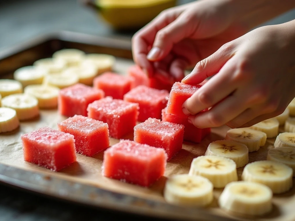 Watermelon cubes and banana slices freezing in a single layer on parchment