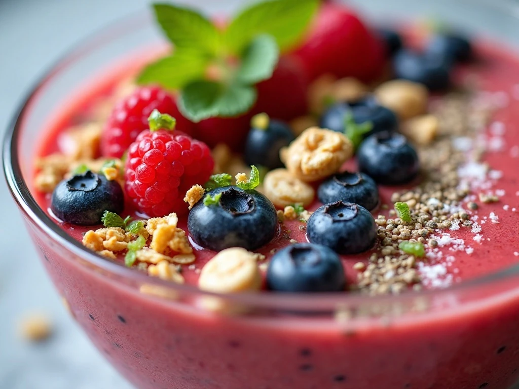 Close-up of colorful toppings on a thick watermelon smoothie bowl