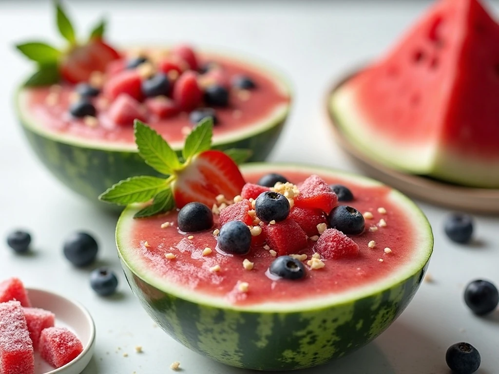Freshly topped watermelon smoothie bowls ready to serve
