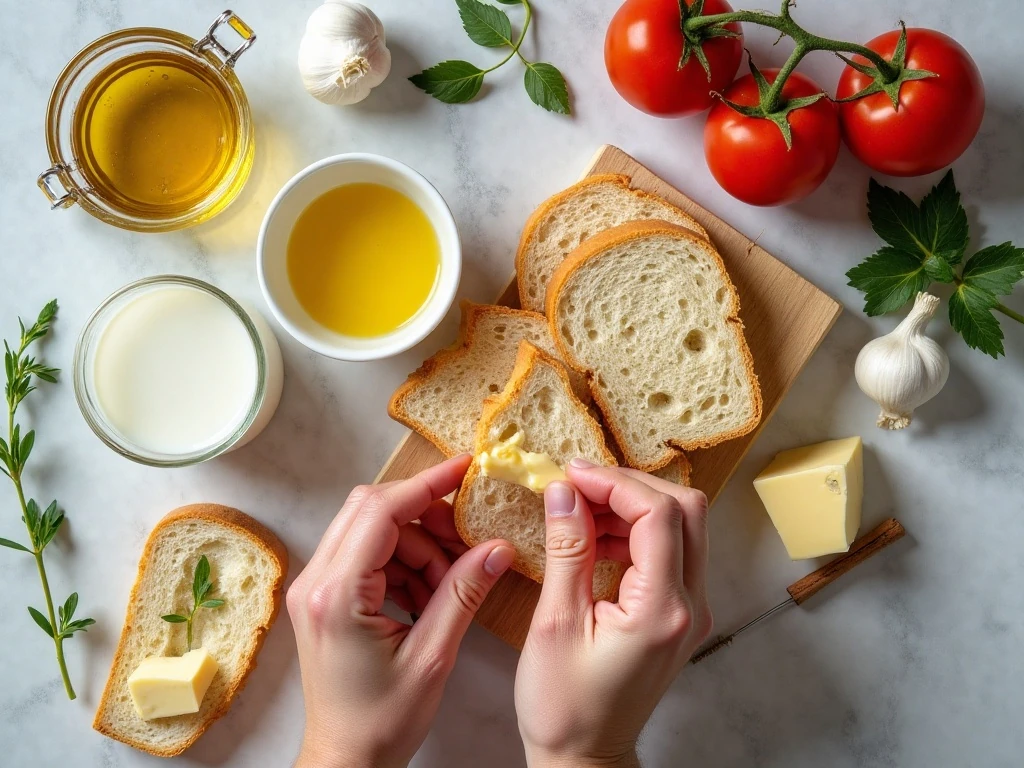 Fresh and day-old bread with ingredients for creative bread recipes