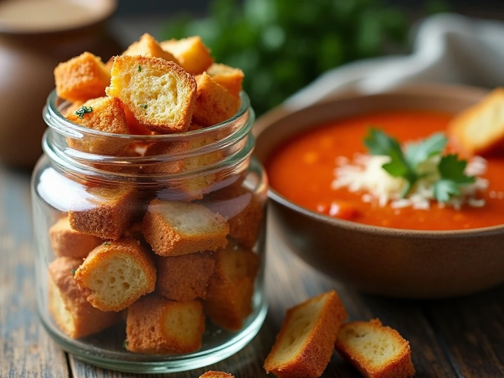 Homemade croutons and tomato bread soup ready for serving or storage