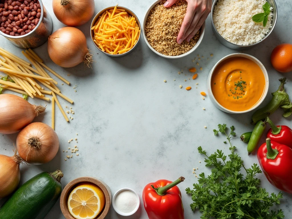 Budget-friendly pantry and produce ingredients for meal planning