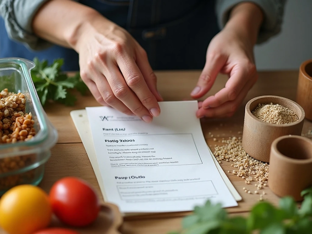 Organizing ingredients and recipe cards for a weekly meal plan