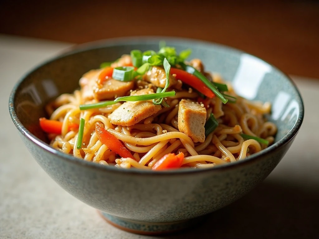 Bowl of homemade chicken lo mein with vegetables and scallions