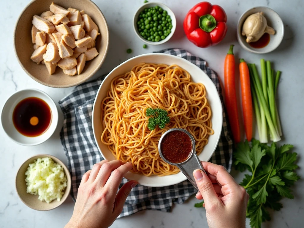 Chicken lo mein ingredients arranged for cooking