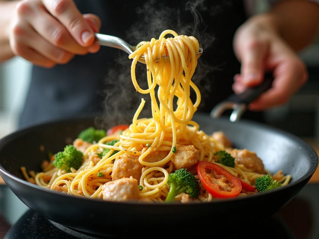 Chicken lo mein being tossed in a hot skillet