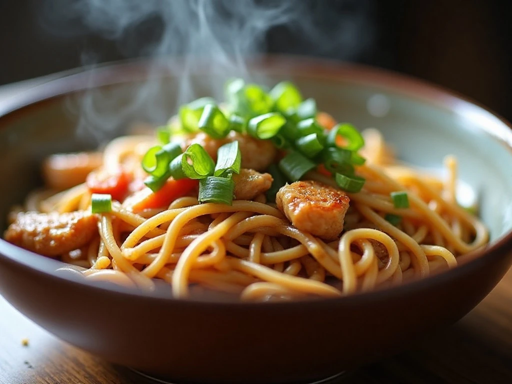Garnished chicken lo mein ready to serve