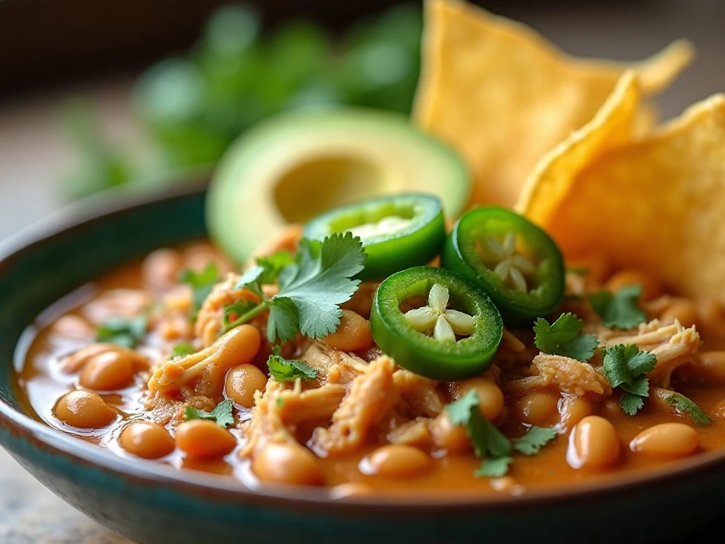 White chicken chili with cilantro avocado lime and tortilla chip toppings