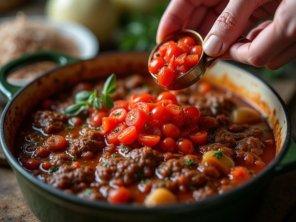 Adding tomatoes and herbs to Bolognese sauce