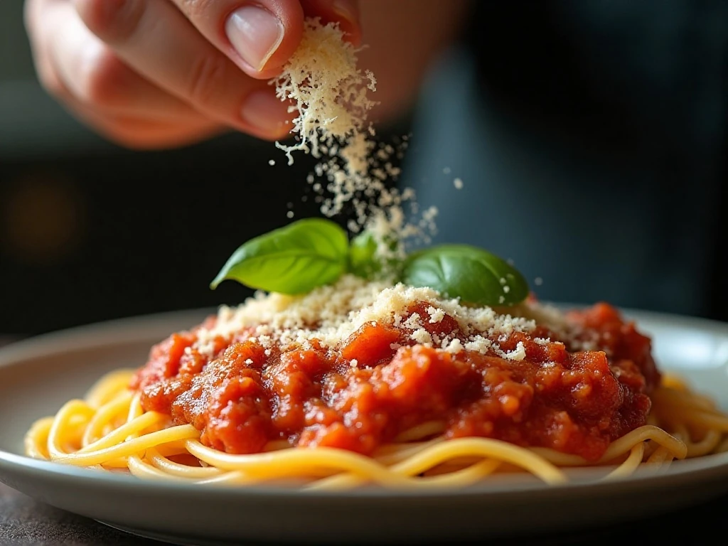 Spaghetti Bolognese topped with Parmesan and basil