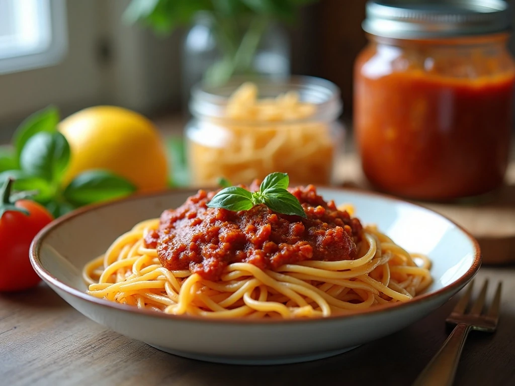 Stored spaghetti Bolognese sauce and reheated pasta