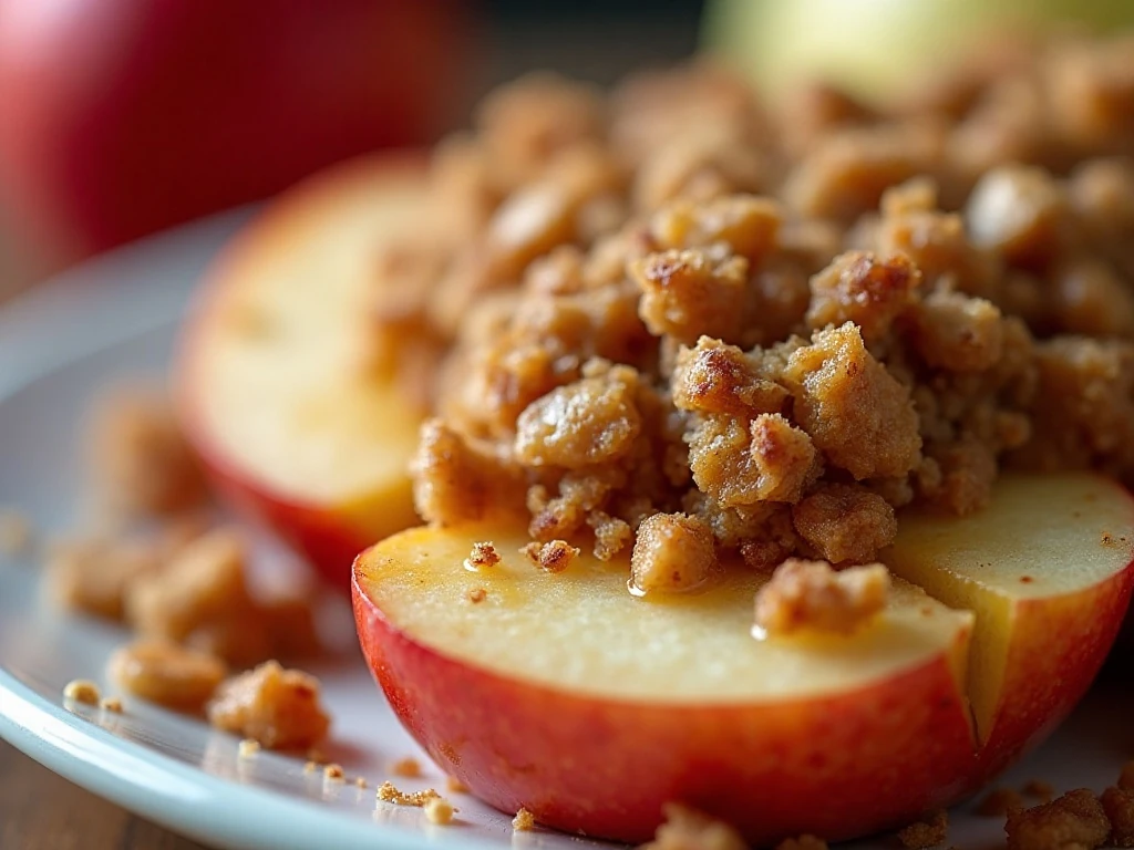 Crisp golden oat topping on baked apples
