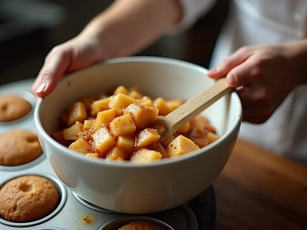 Mixing apple pie filling with spice cake mix for muffins