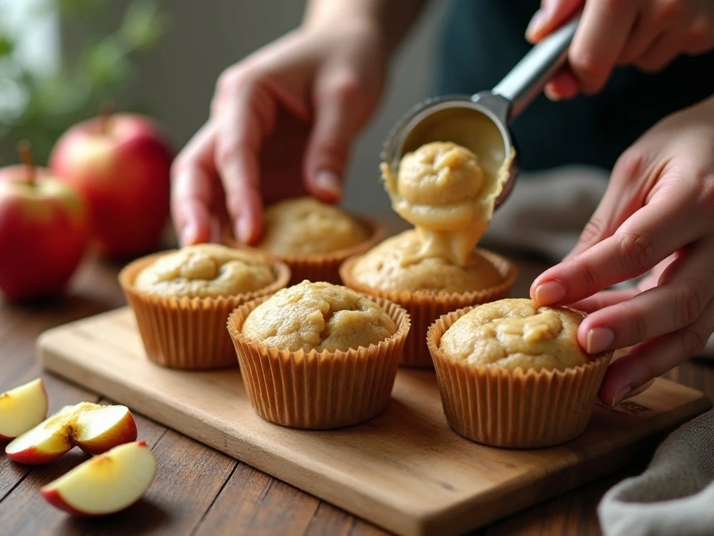 Evenly portioned apple muffin batter in a muffin pan