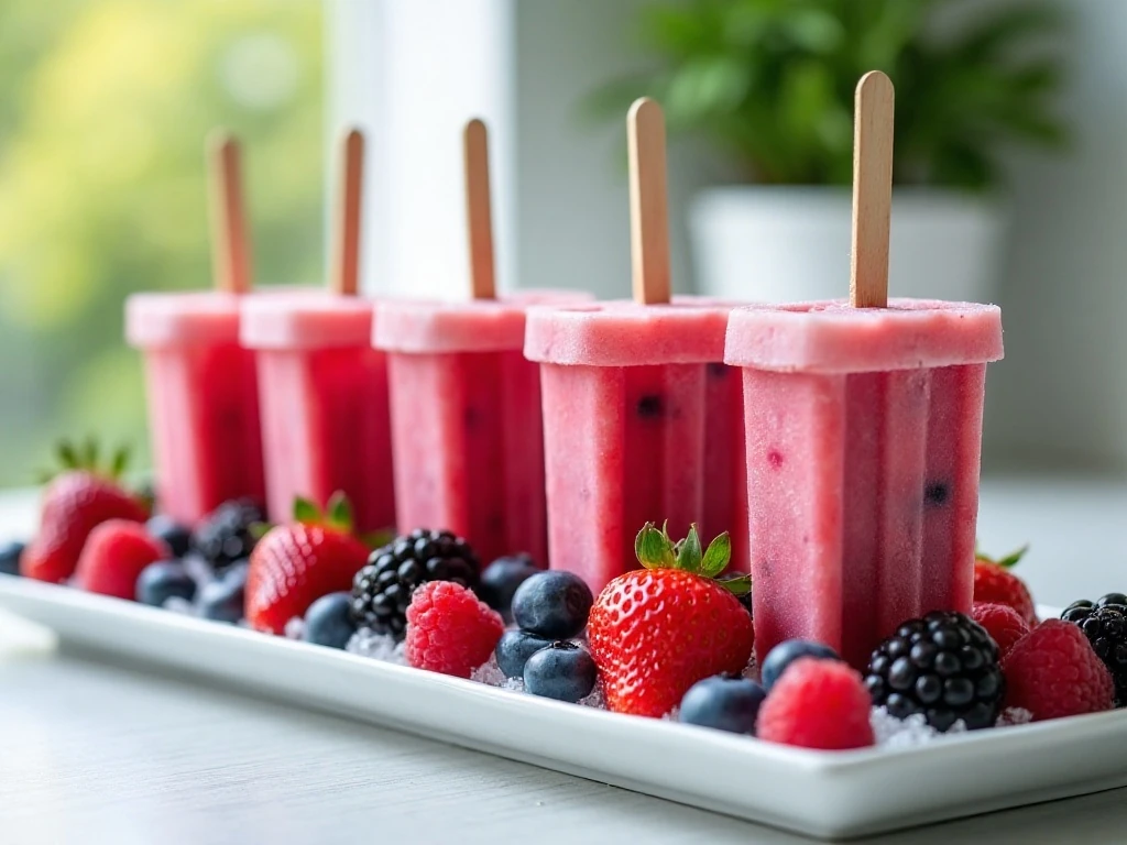 Six colorful homemade Weight Watchers berry popsicles surrounded by fresh berries
