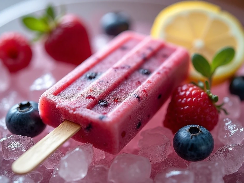Close-up of a berry popsicle with fresh fruit pieces and lemon