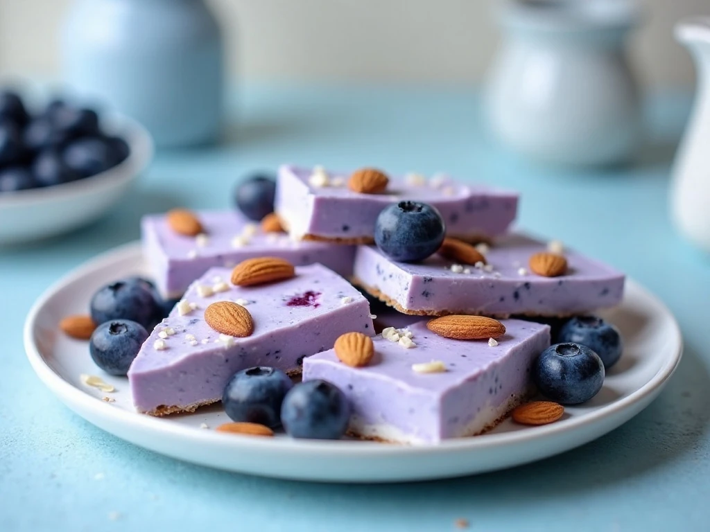 Pieces of blueberry frozen yogurt bark with almonds arranged on a plate