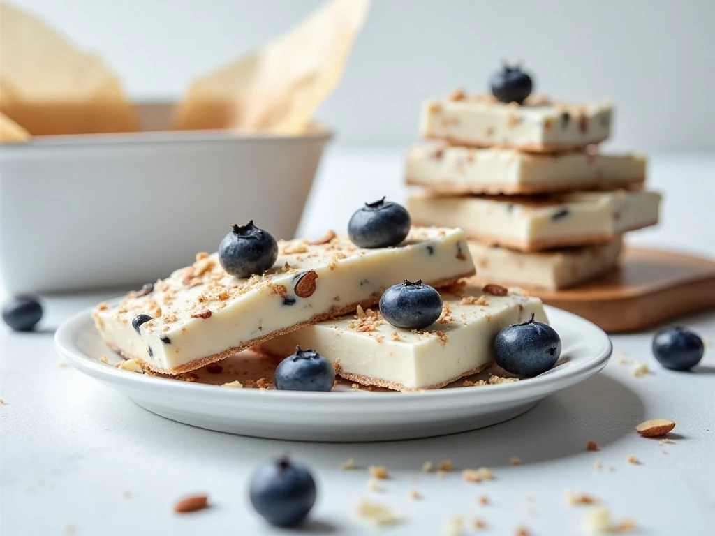 Frozen blueberry yogurt bark pieces stored with parchment between layers