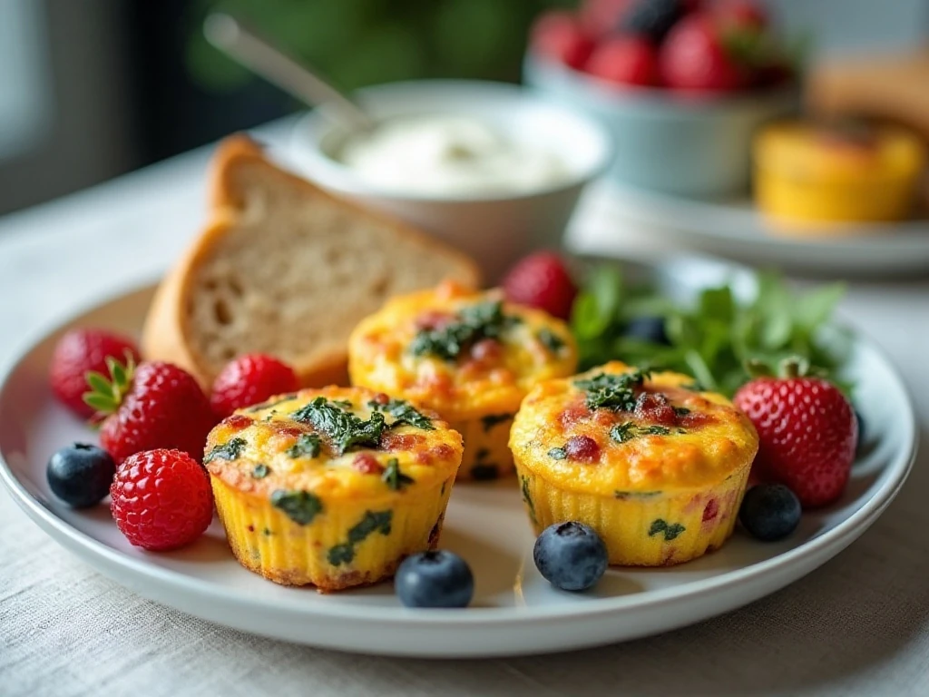 Balanced breakfast with eggs fruit toast and yogurt
