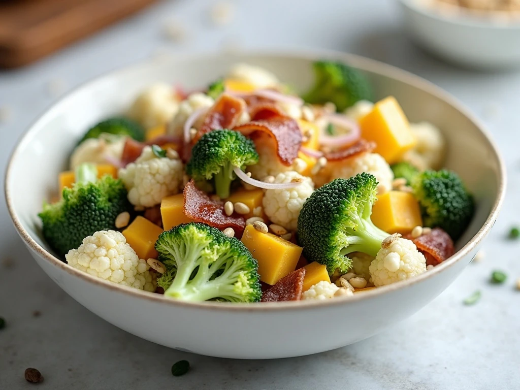 Creamy Weight Watchers broccoli cauliflower salad served as a colorful side dish