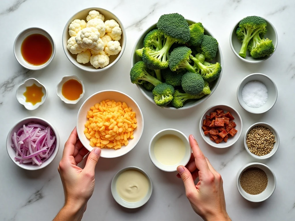 Ingredients for light broccoli cauliflower salad with Greek yogurt dressing