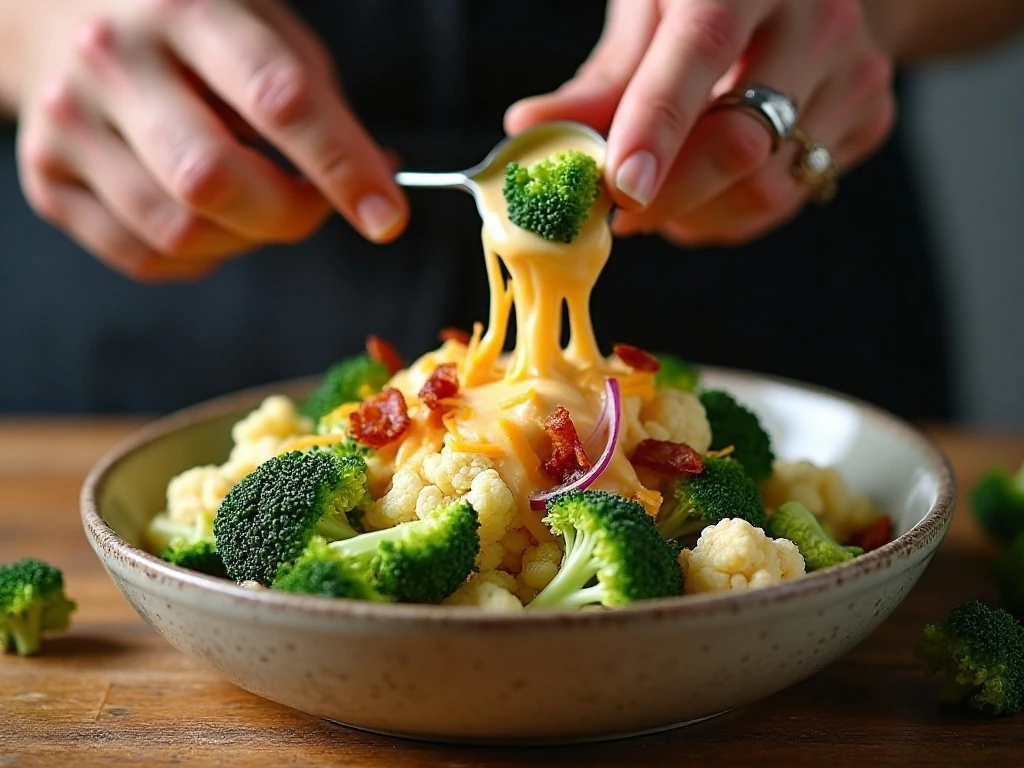 Tossing broccoli cauliflower salad with creamy light dressing