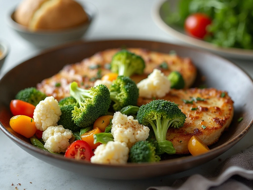 Broccoli cauliflower salad served alongside a balanced family dinner