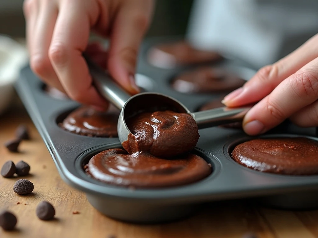 Portioning brownie bite batter into a mini-muffin pan