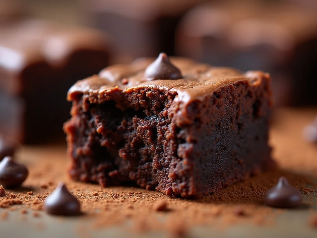 Close-up of a fudgy mini brownie bite with chocolate chips